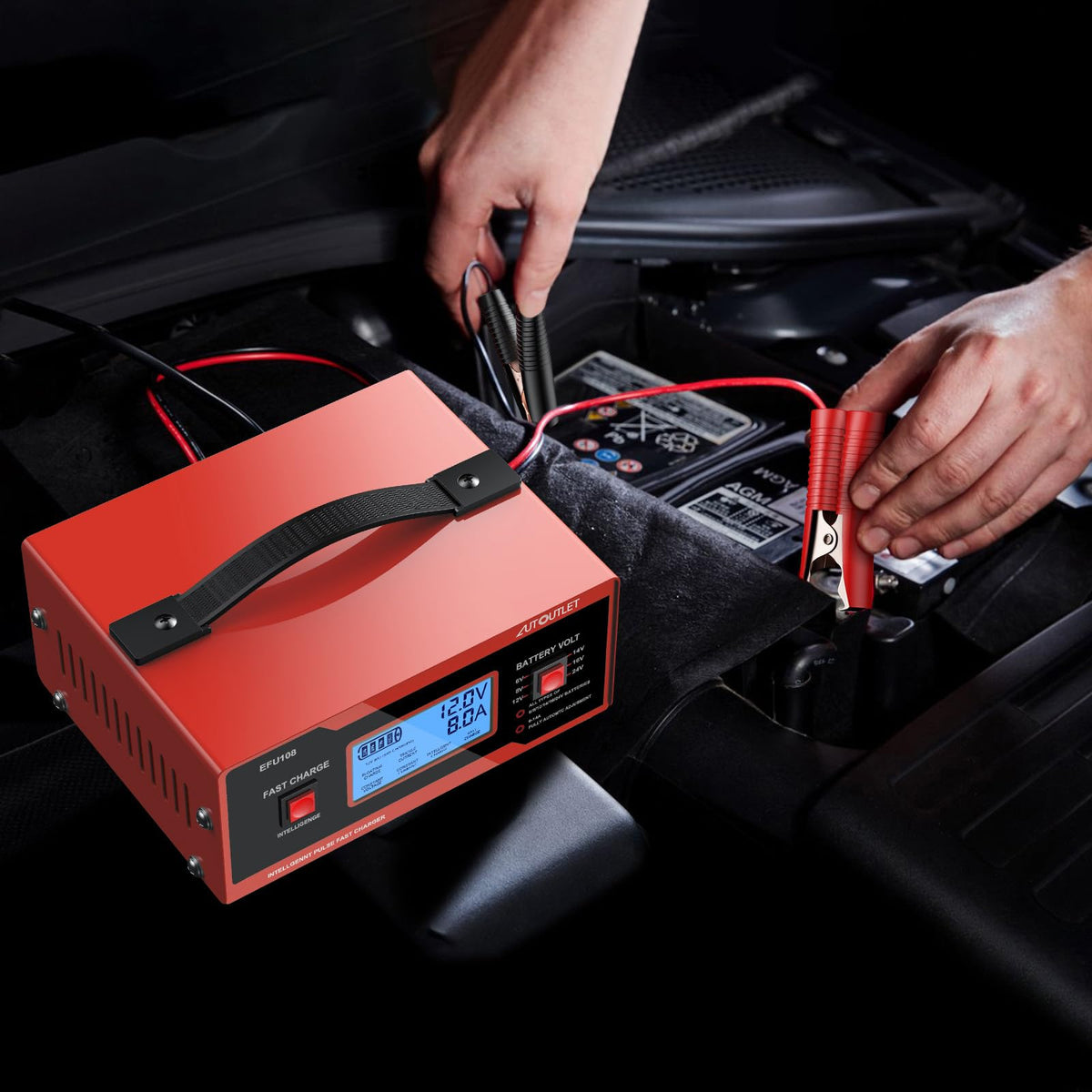 AUTOUTLET product label and specs closeup highlighting voltage and safety features