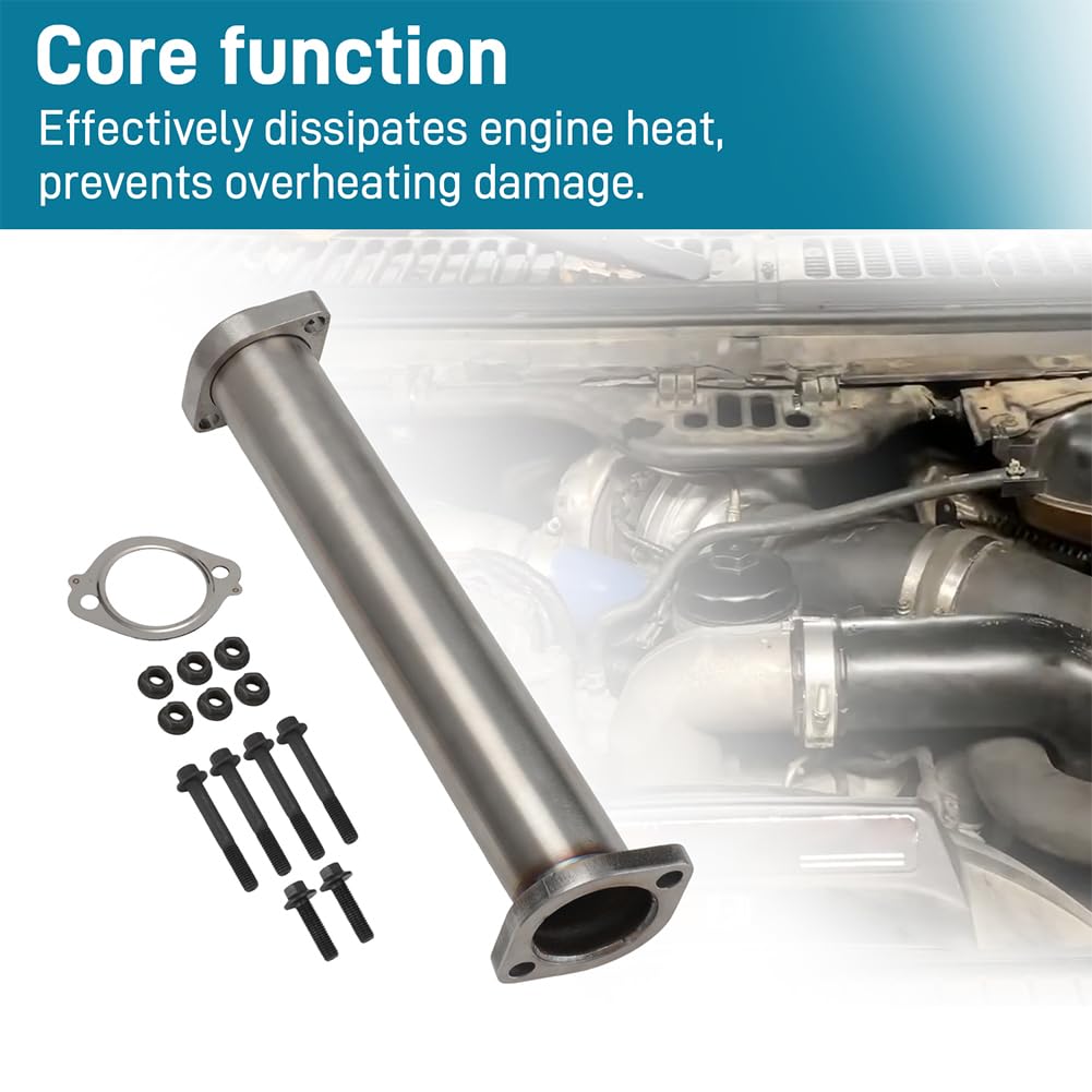 AUTOVIC up pipe installed under hood in Ford Powerstroke showing restored coolant routing benefit: reliable operation