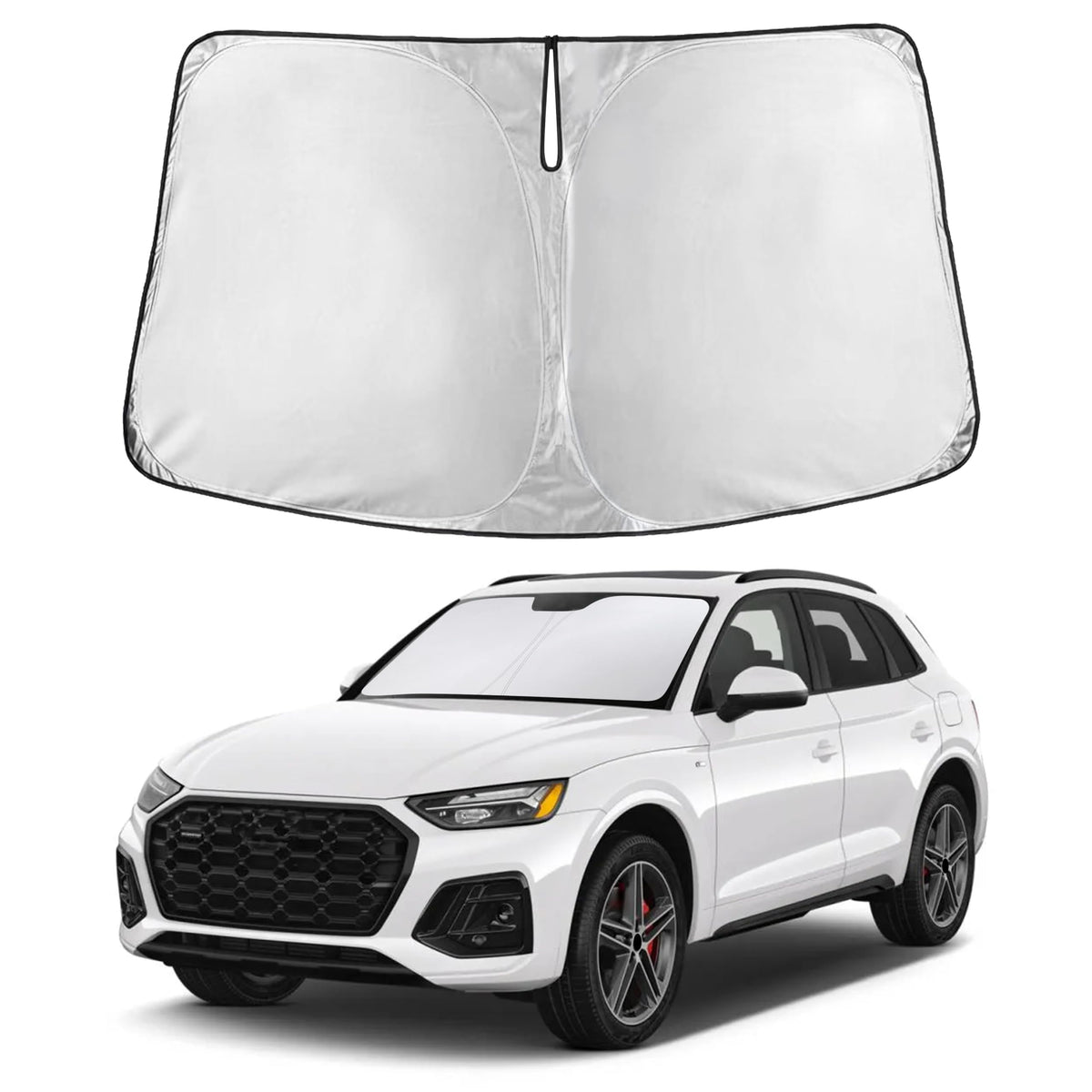 Autovir front view of sun shade showing full windshield fit and maximal coverage