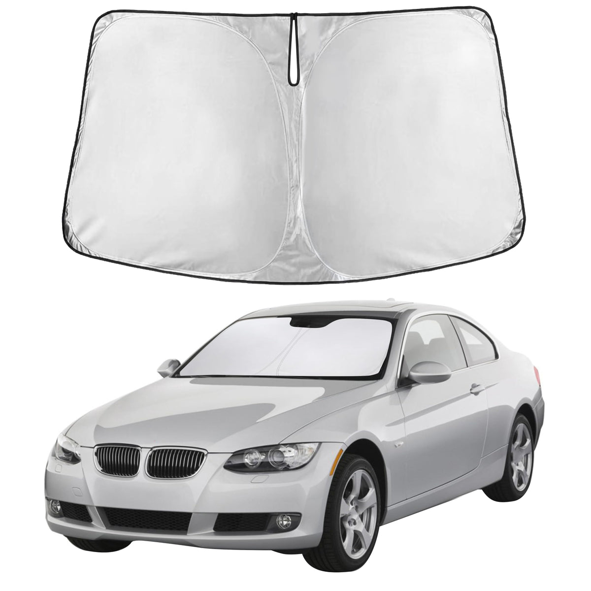 Autovir front view of custom-fit shade showing full windshield coverage benefit