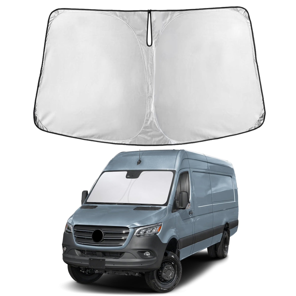 Autovir sunshade installed in Sprinter windshield reducing glare and heat