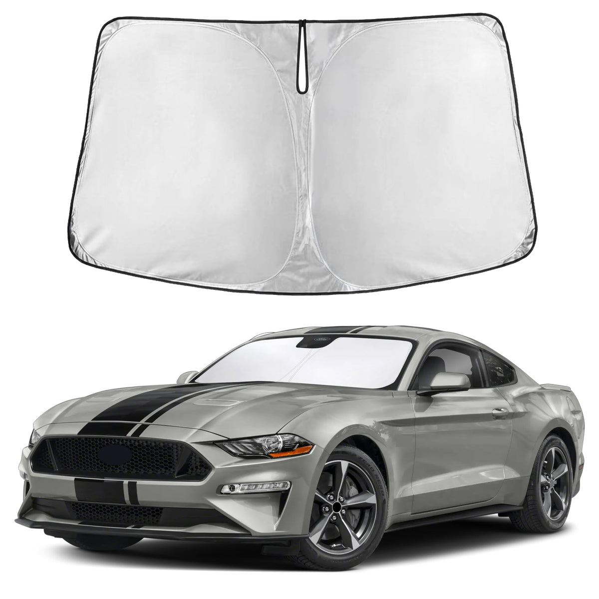 Autovir front view sun shade covering Mustang windshield reducing cabin heat