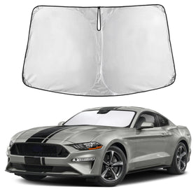 Autovir front view sun shade covering Mustang windshield reducing cabin heat