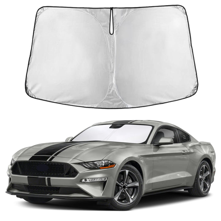 Autovir front view sun shade covering Mustang windshield reducing cabin heat