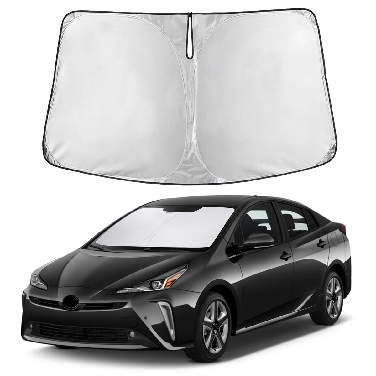 Autovir front view covering Prius windshield protects interior from heat