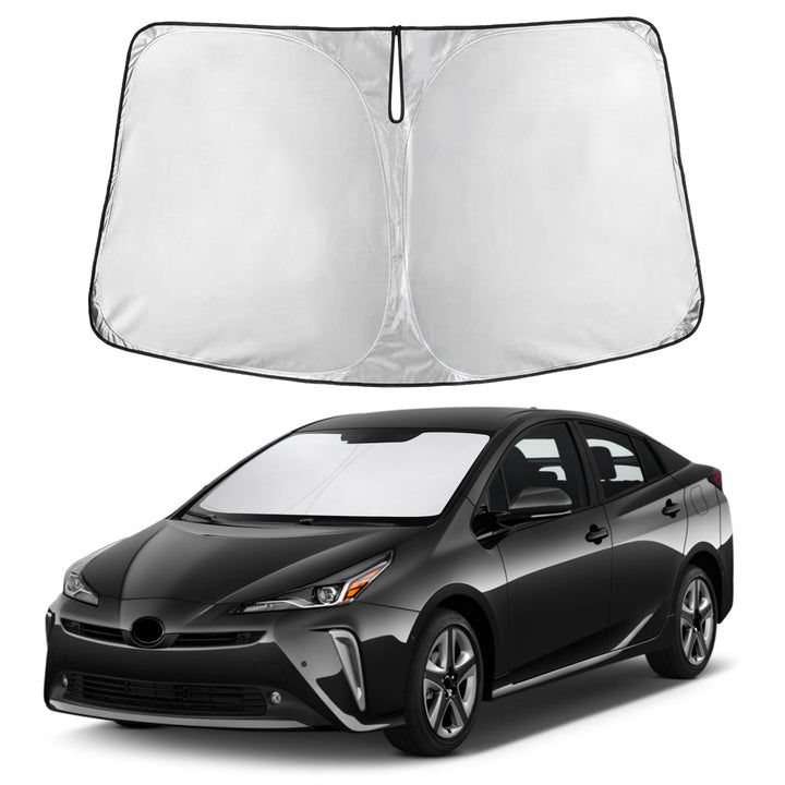 Autovir front view covering Prius windshield protects interior from heat