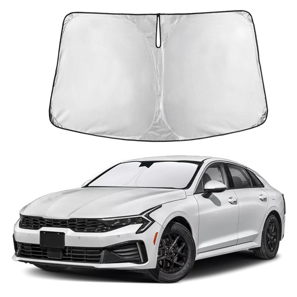 Autovir front view of custom-fit shade showing full windshield coverage and cooler cabin