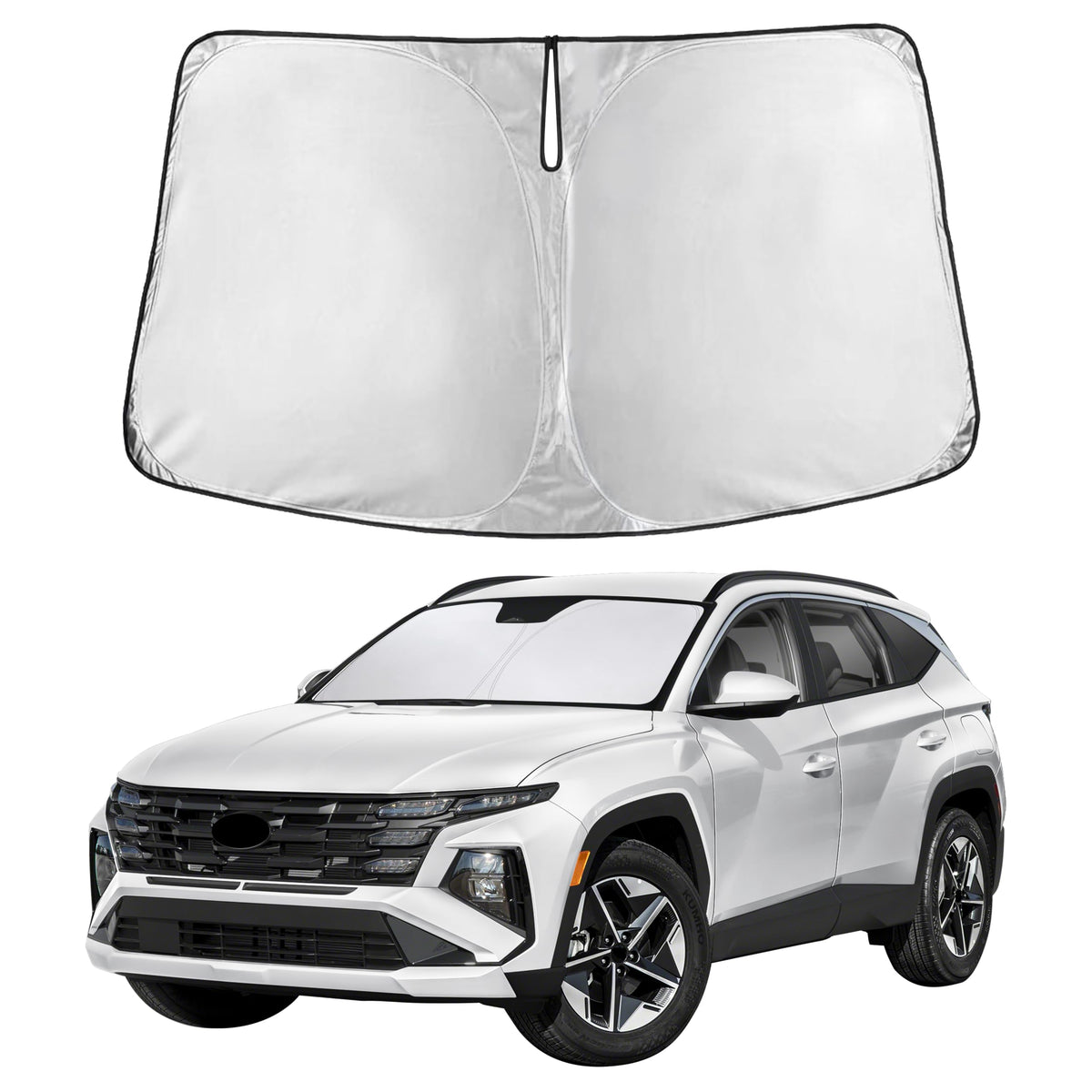 Autovir sun shade front view showing precise Tucson windshield fit and full coverage benefit