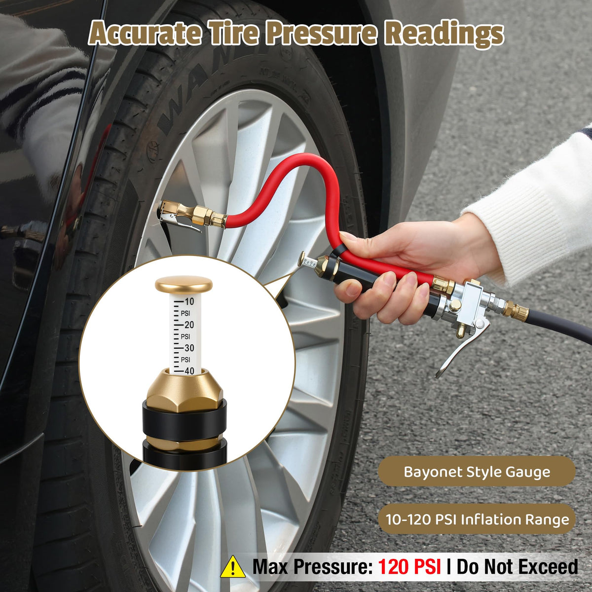 AutoViteX lock-on air chuck attached to valve stem allowing hands-free inflation
