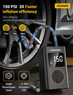 AUTOWN compact air compressor in case demonstrating quick inflation benefit