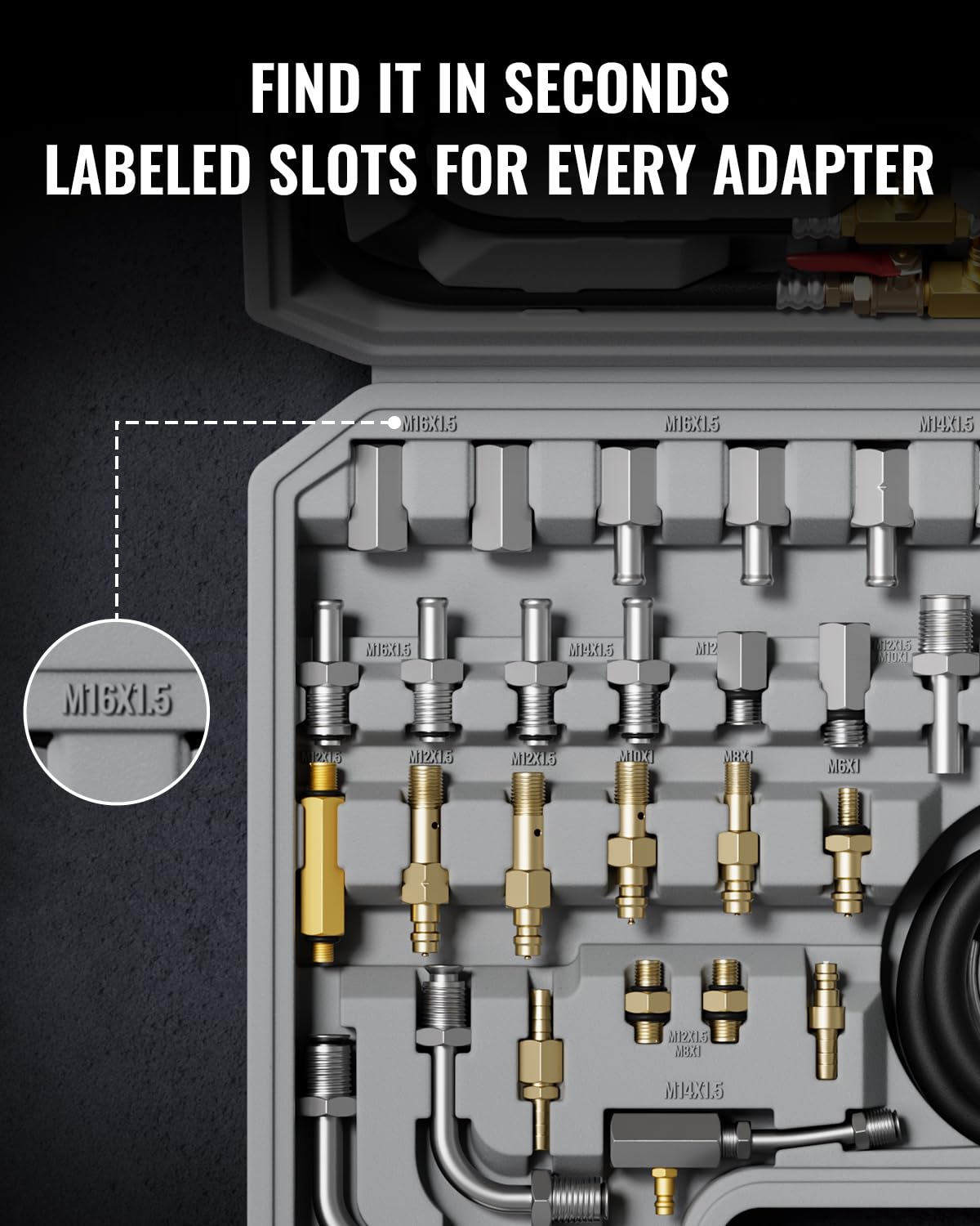 AUTOWN quick connects in use attached to fuel rail showing leak-free connection and hands-free testing
