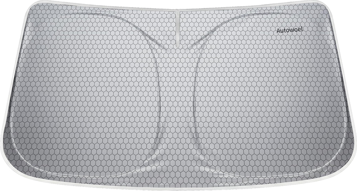 AUTOWOEL front view of windshield shade showing fit and branding and clear benefit of sun protection