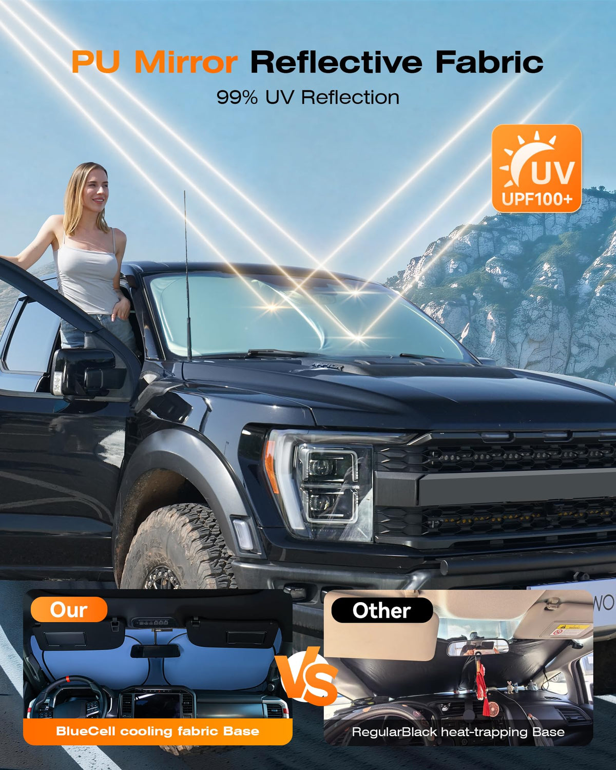 AUTOWOEL installed inside windshield demonstrating coverage and reduced cabin sun exposure