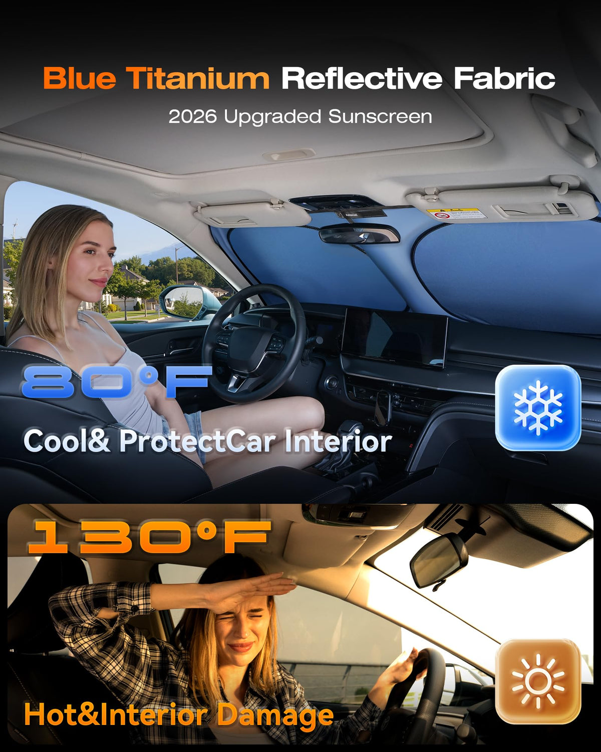 AUTOWOEL close-up of blue titanium reflective surface reflecting sunlight and reducing heat