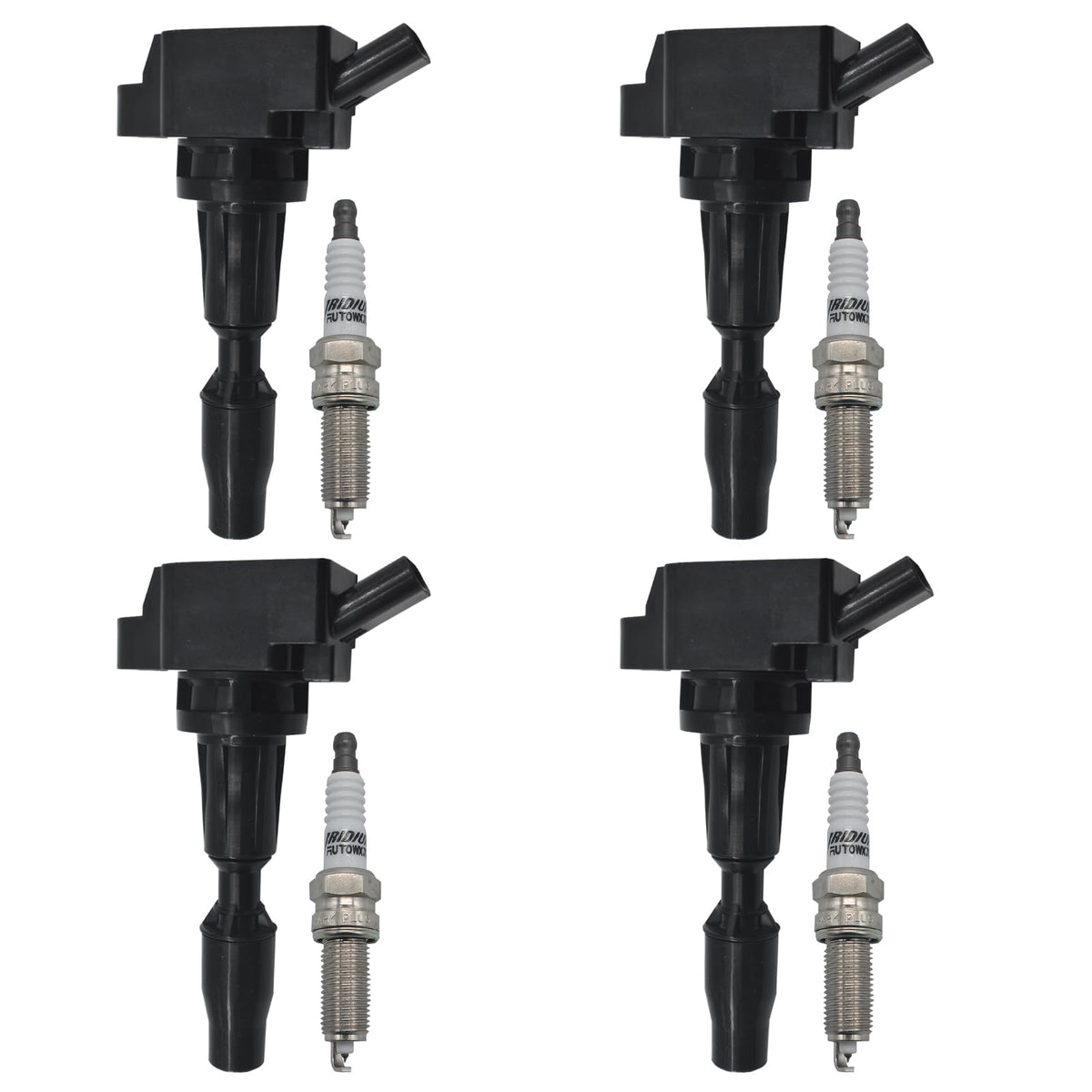 Autowxjq front packaging showing four pre-gapped iridium spark plugs, quick installation benefit