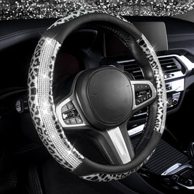 AUTOYOUTH front view of leopard rhinestone steering wheel cover showcasing style