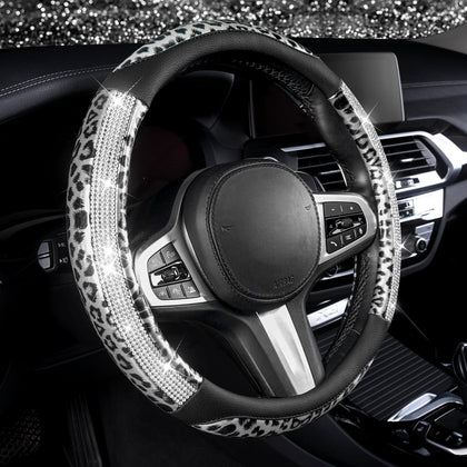 AUTOYOUTH front view of leopard rhinestone steering wheel cover showcasing style