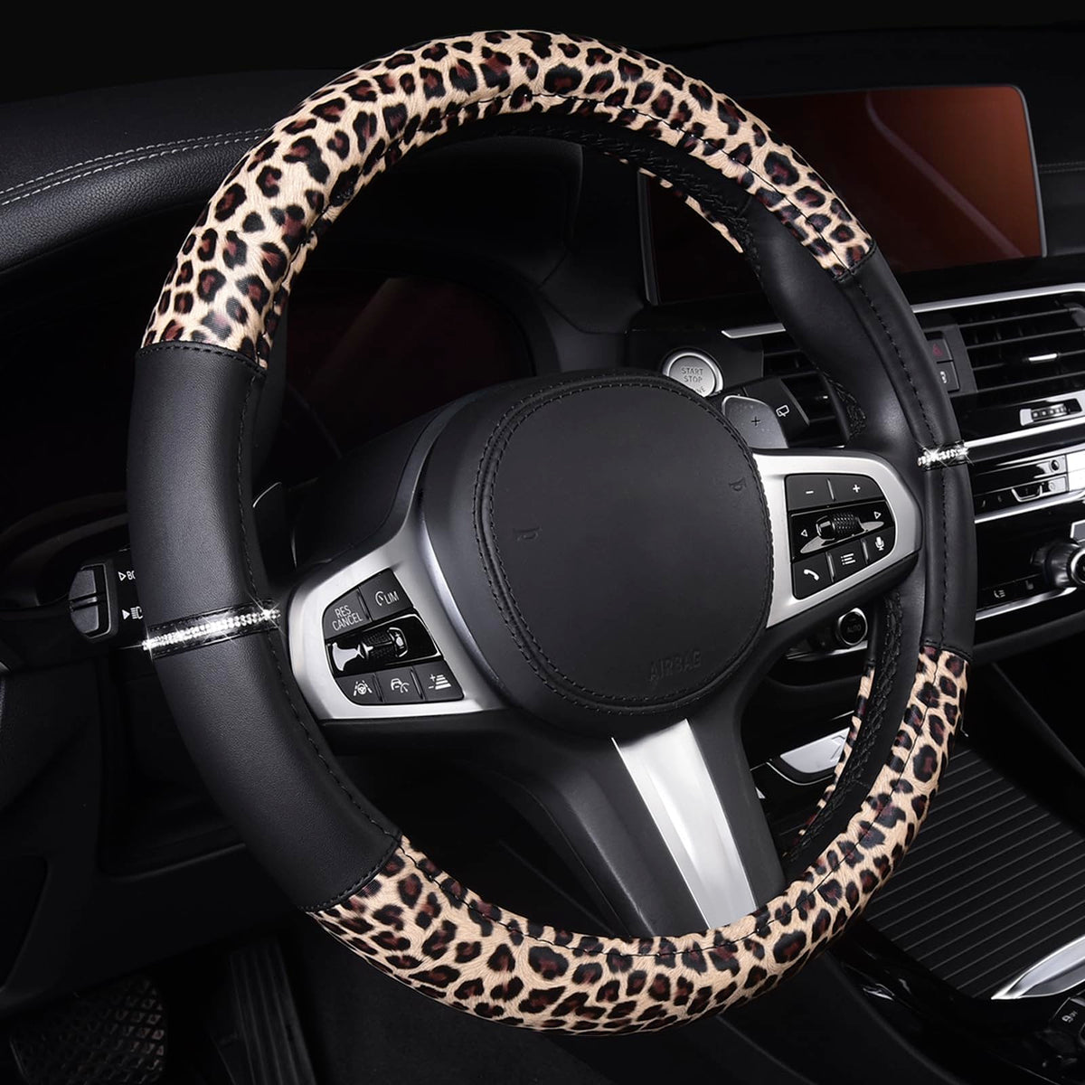 AUTOYOUTH leopard steering wheel cover front view showing bold print and fit benefits