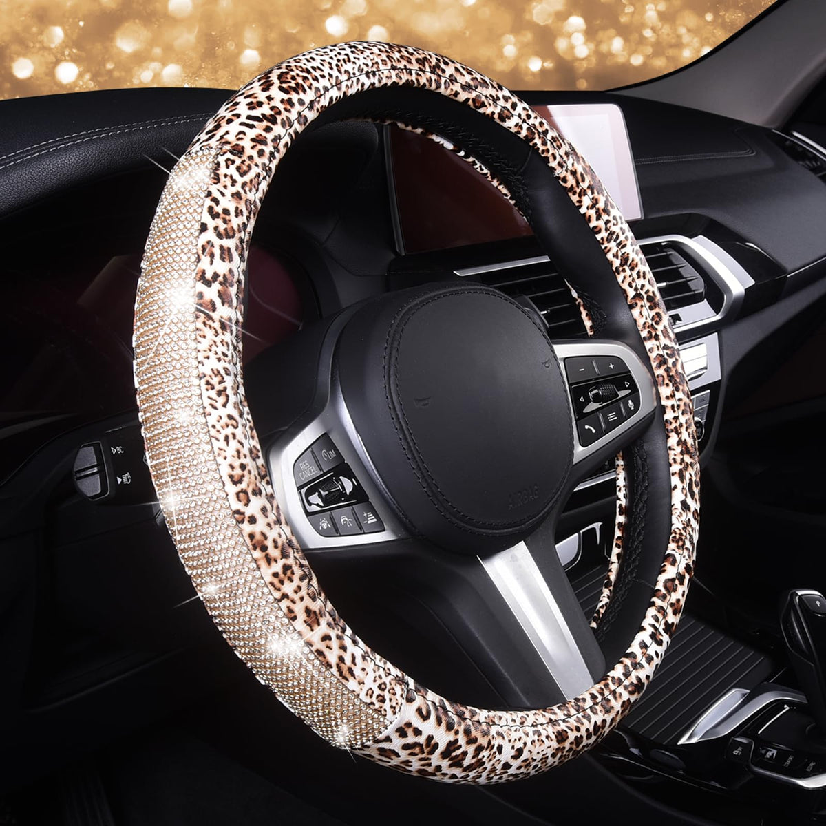 AUTOYOUTH front view of leopard steering wheel cover showing overall design and fit benefit