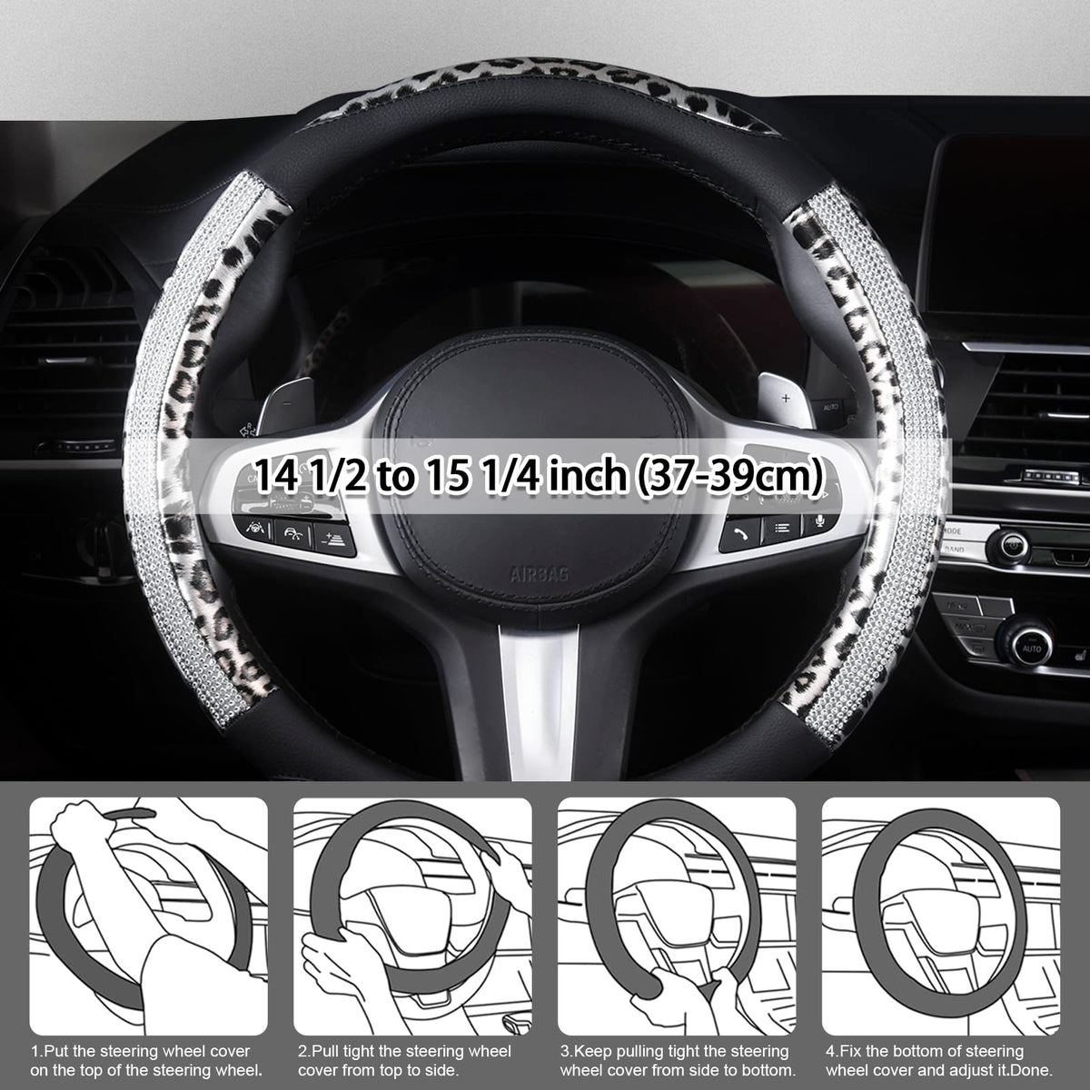 AUTOYOUTH size comparison on steering wheel showing universal 14.5–15 inch fit