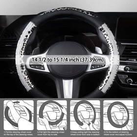 AUTOYOUTH size comparison on steering wheel showing universal 14.5–15 inch fit