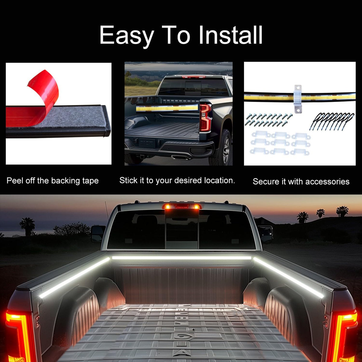 AUTUNEER installed in pickup truck bed at night improving cargo visibility