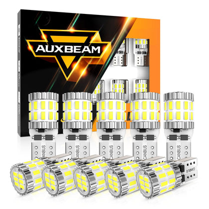 Auxbeam 194 T10 front view showing bright white finish and plug‑and‑play fit benefit