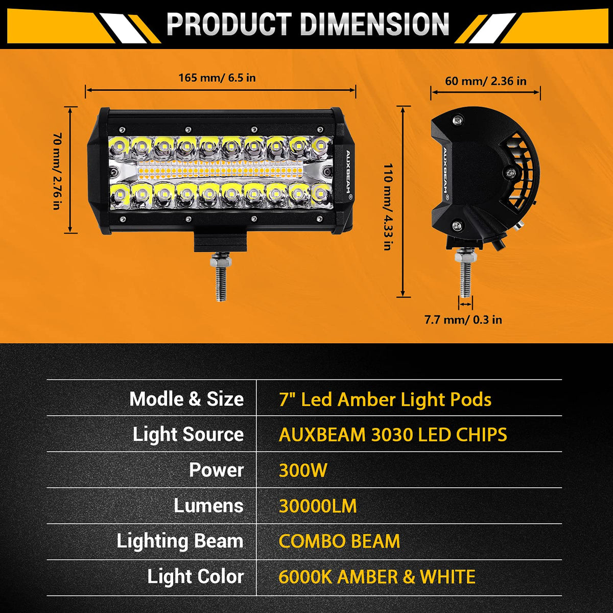 Auxbeam 7-inch beam pattern photo showing spot and flood coverage for distance