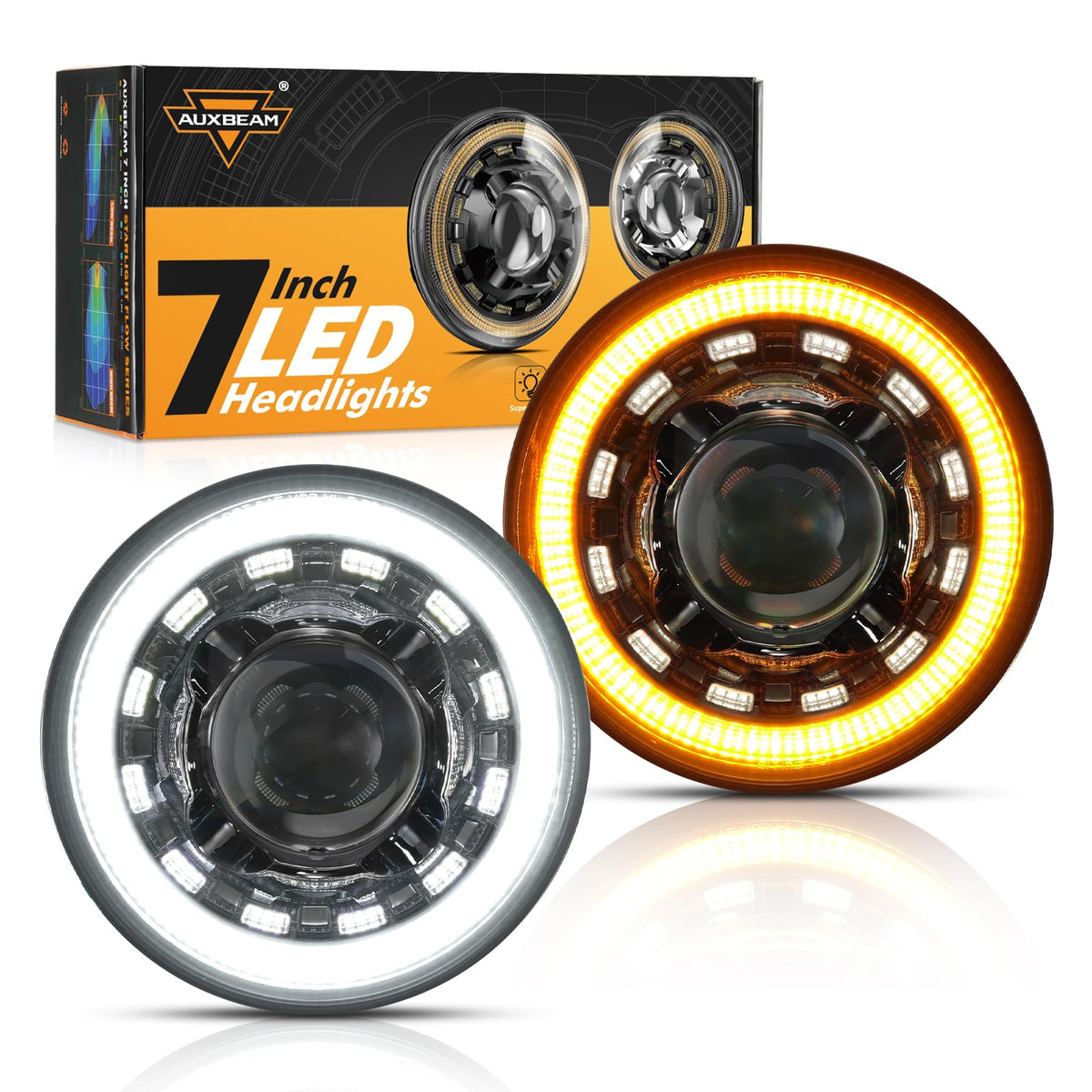 Auxbeam front view of 7-inch headlight showing bright beam and clean styling benefit