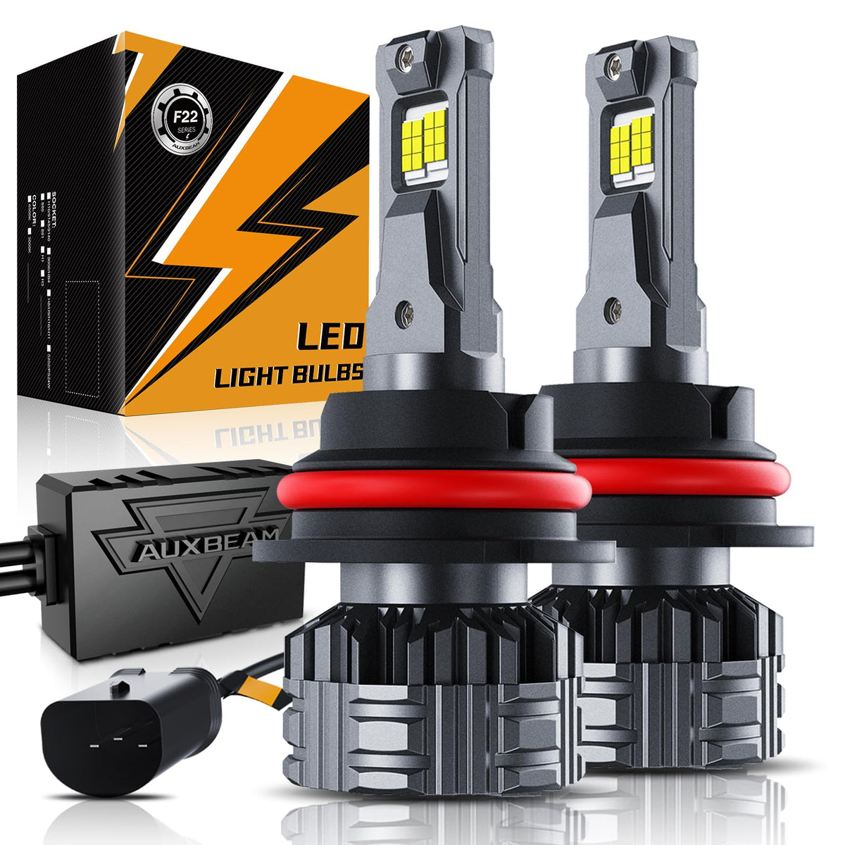 Auxbeam 9007 front view showing lens and housing with powerful illumination benefit