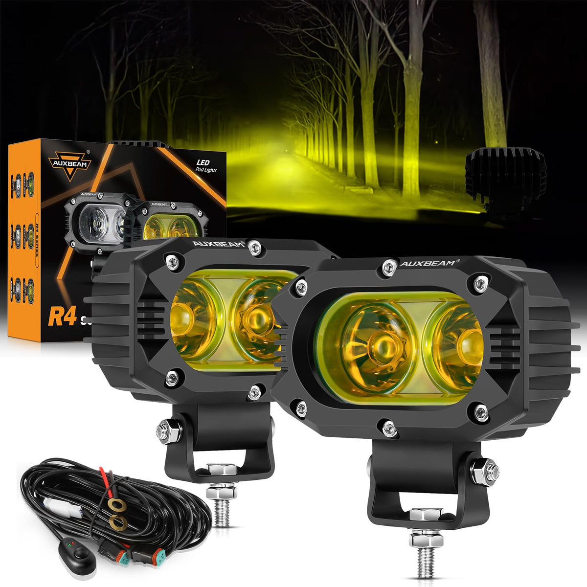 Auxbeam 4-inch amber front view showing compact flood lens and bright output
