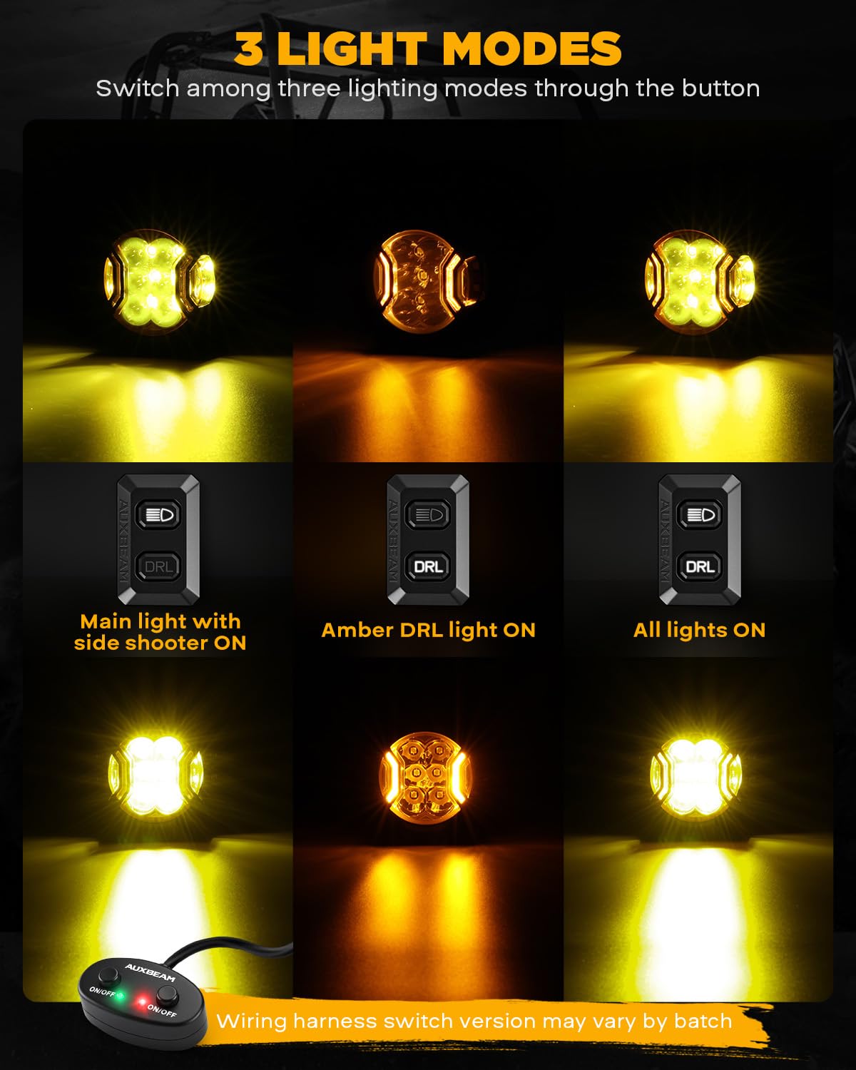 Auxbeam amber DRL illuminated on vehicle showing increased daytime visibility benefit