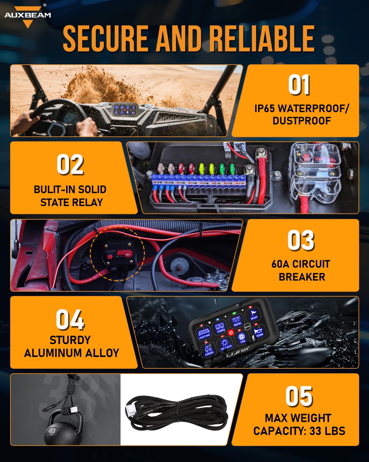 Auxbeam AR-800 app on smartphone showing RGB control and convenience benefits