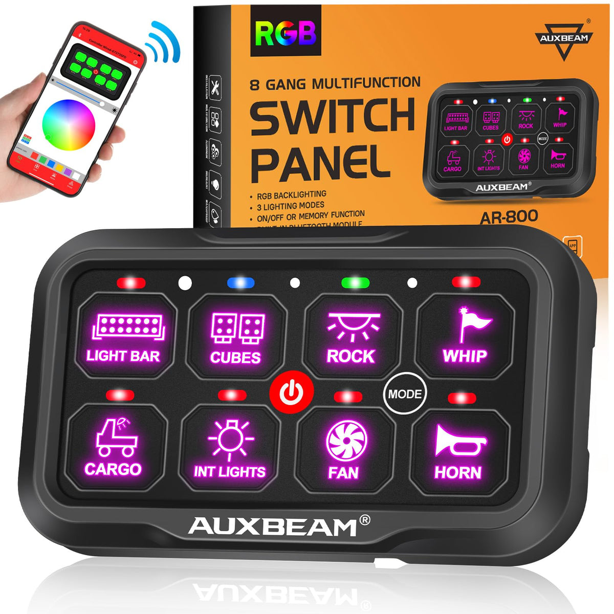 Auxbeam AR-800 front panel showing RGB buttons and clear labeling for quick identification