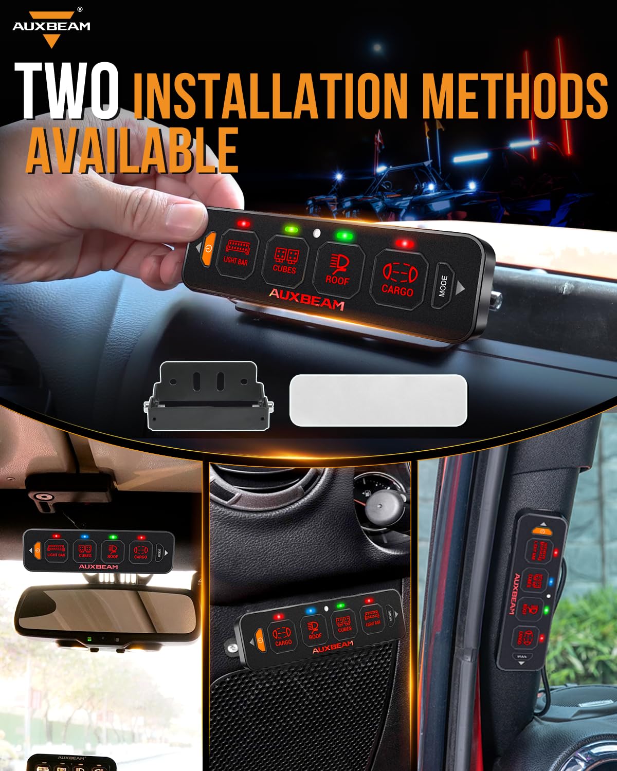 Auxbeam rear wiring showing solid-state relay and wiring harness for safe power handling