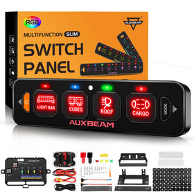 Auxbeam front panel view showing slim single-row layout and labels for easy control