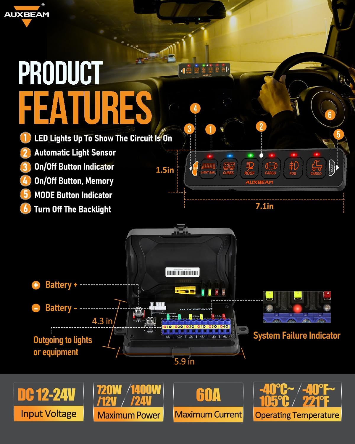 Auxbeam AS-R60 RGB backlight demo with color cycle, enables interior lighting customization