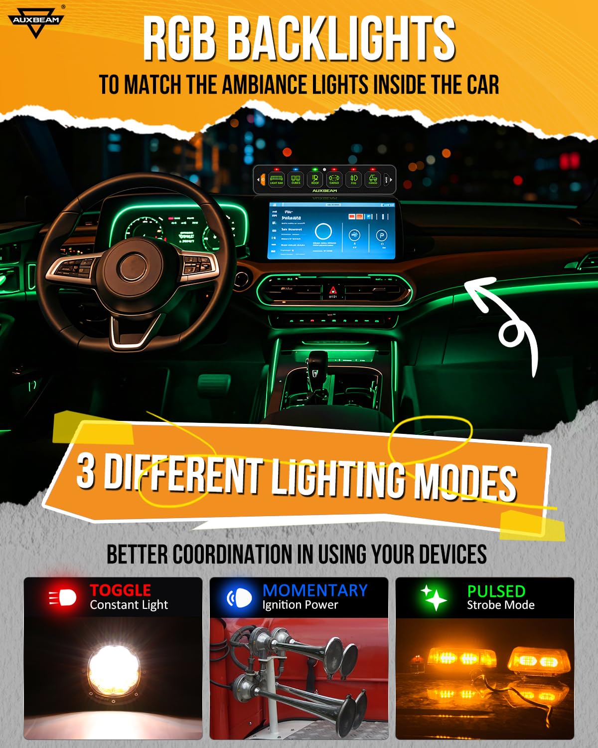 Auxbeam AS-R60 close-up of switches highlighting tactile buttons and mode markings for clarity