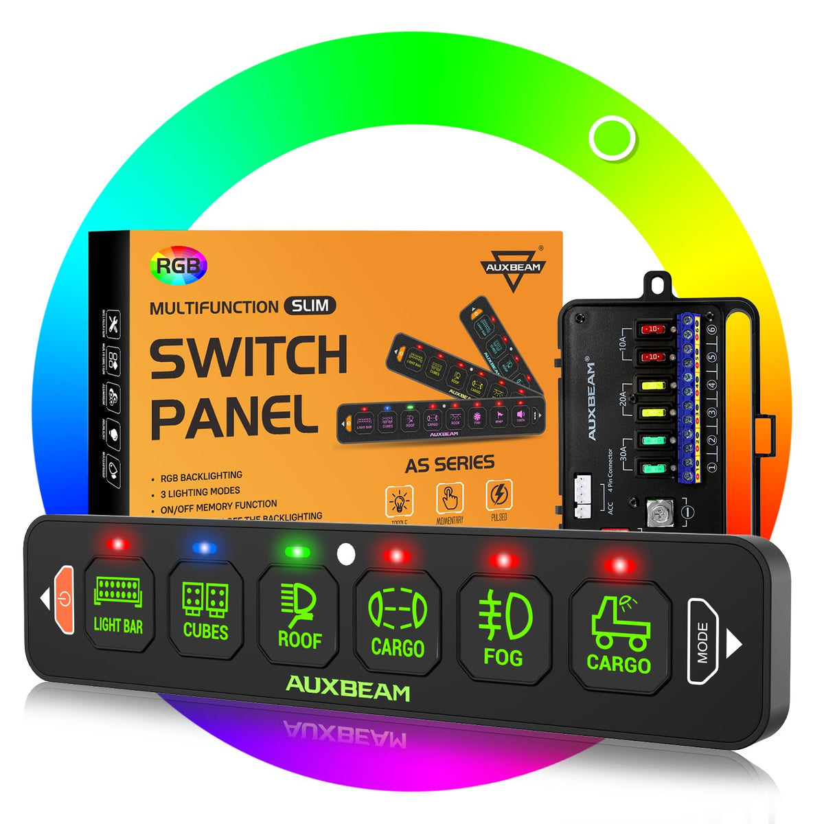 Auxbeam AS-R60 front panel showing six labeled switches and compact profile for tidy control