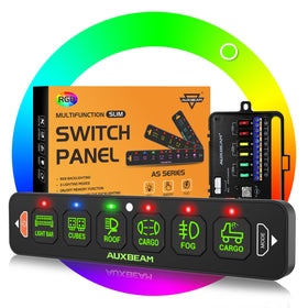 Auxbeam AS-R60 front panel showing six labeled switches and compact profile for tidy control
