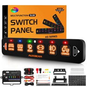 Auxbeam AS-R60 front panel showing six slim switches and labels, improves cockpit organization