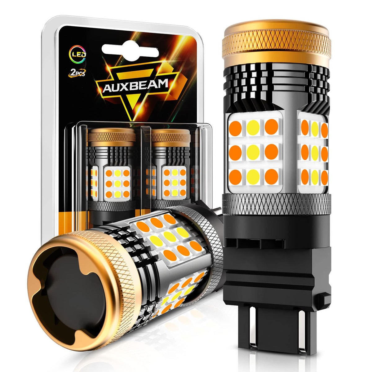 Auxbeam B21 front view showing bulb and packaging, clearer lighting upgrade benefit
