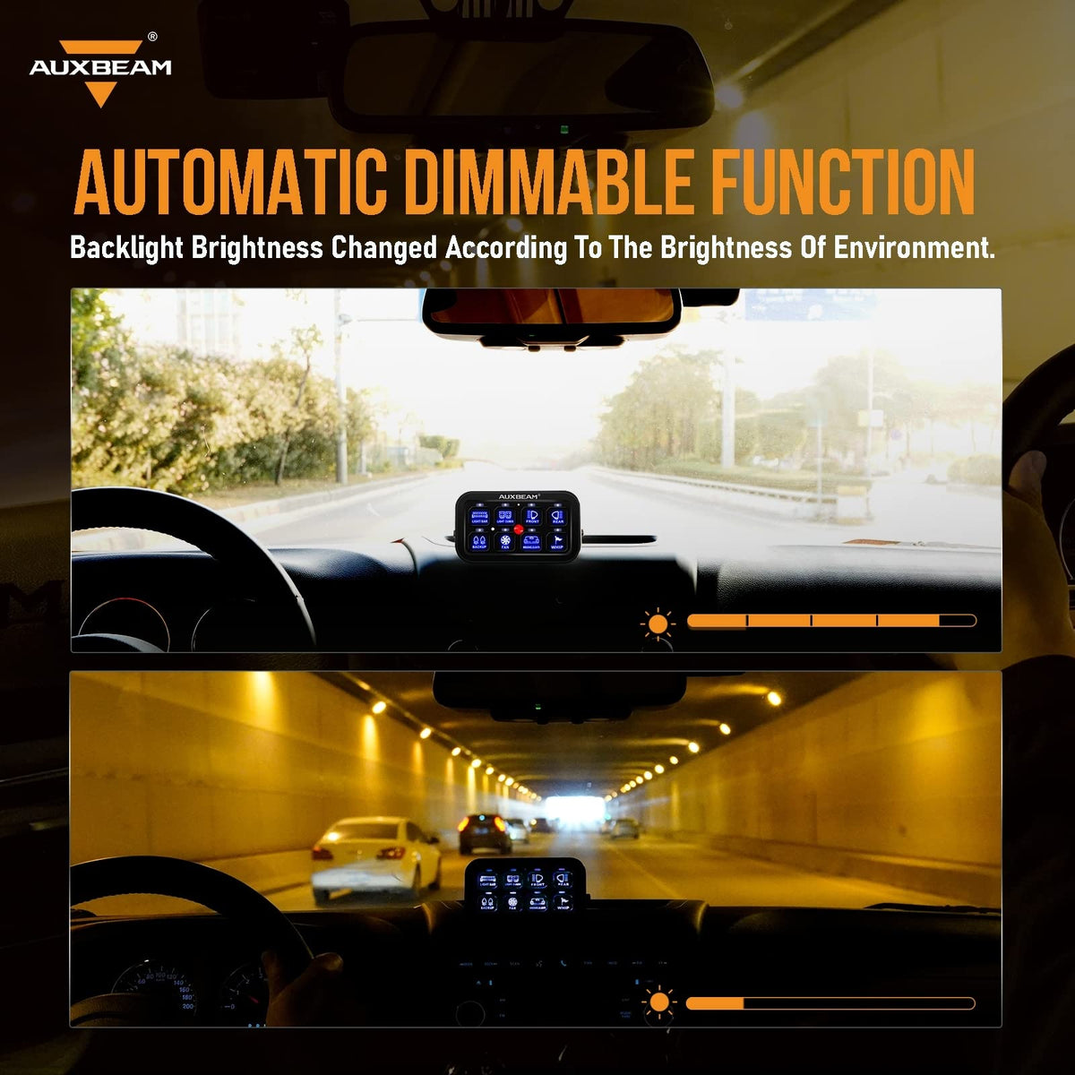 Auxbeam BA80 close-up on switch icons and automatic dimmable backlight improving visibility