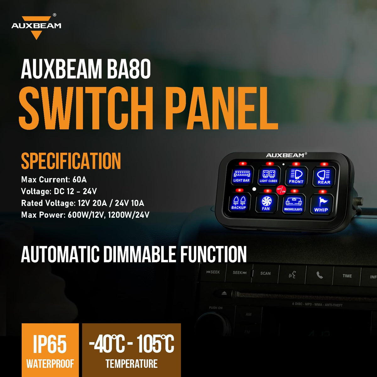 Auxbeam BA80 mounted on boat console for durable, waterproof accessory control