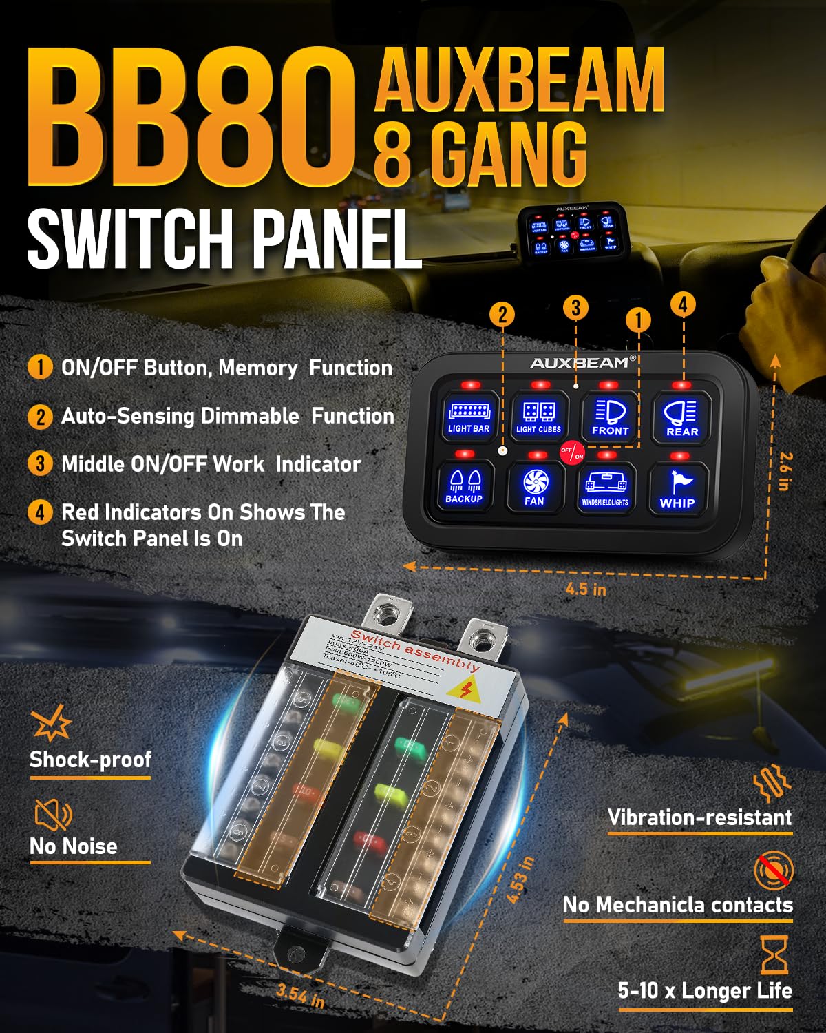 Auxbeam close-up of tactile switch surface highlighting durable build and easy operation
