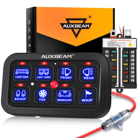 Auxbeam BB80 front panel showing eight blue switches and clear labeling for organized control