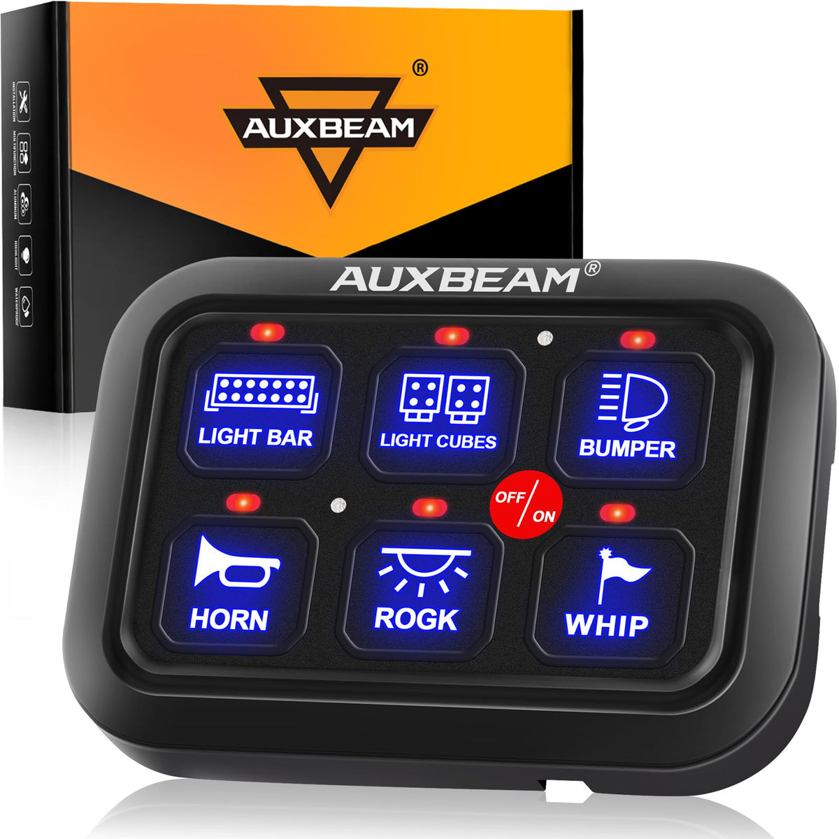 Auxbeam BC60 front panel showing blue illuminated switches and clear control