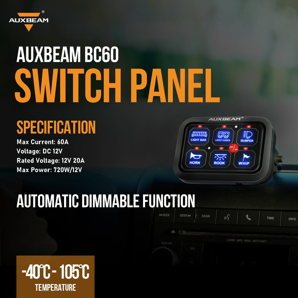 Auxbeam BC60 installed on a boat helm illustrating weather-ready accessory control