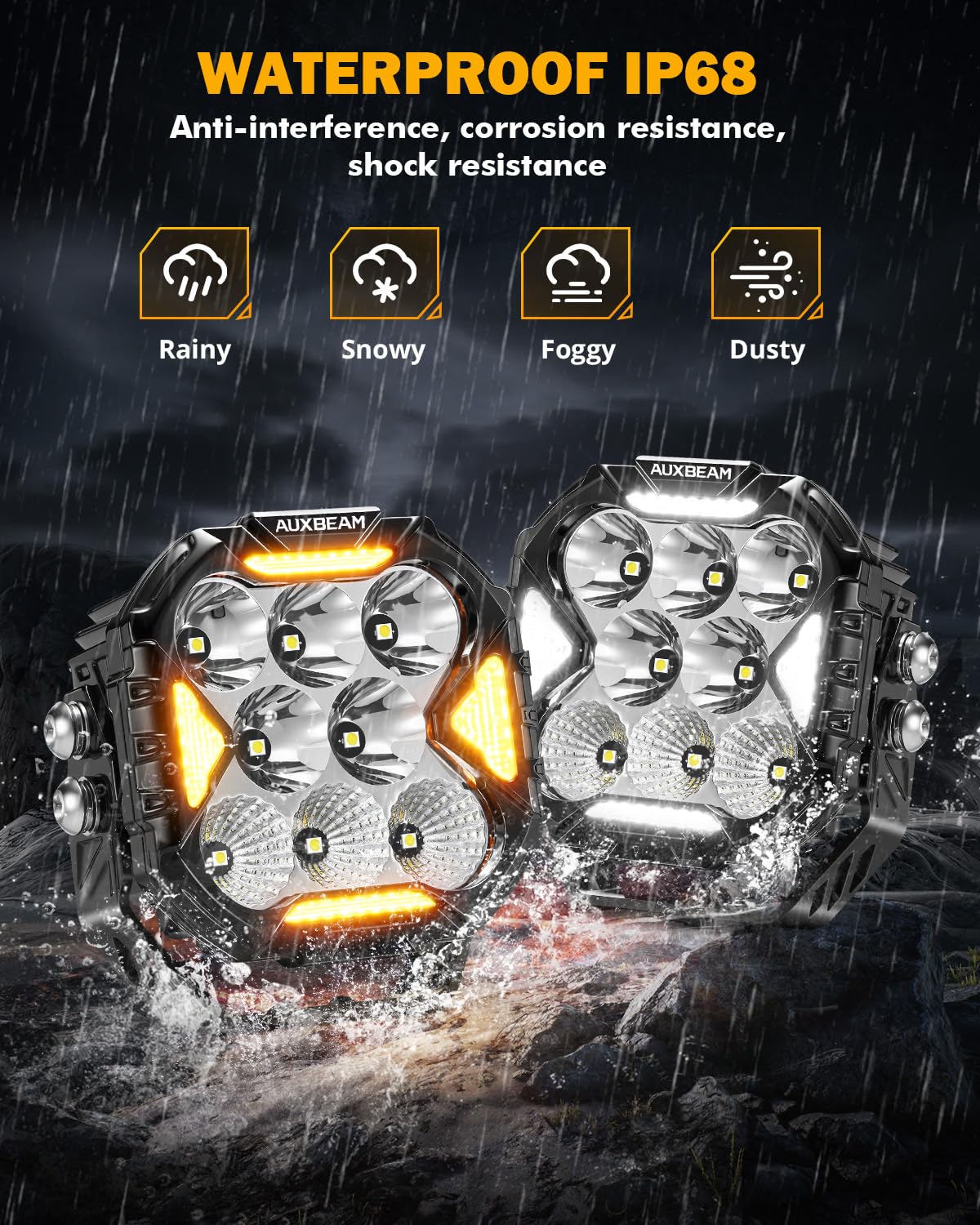 Auxbeam with yellow cover installed showing improved low-visibility penetration