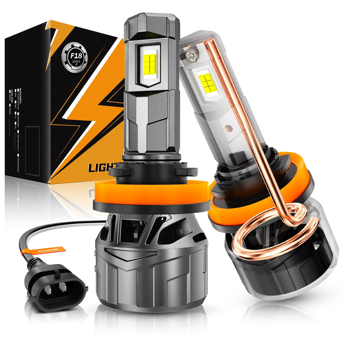 Auxbeam F18 front view showing compact high-output LED assembly and plug